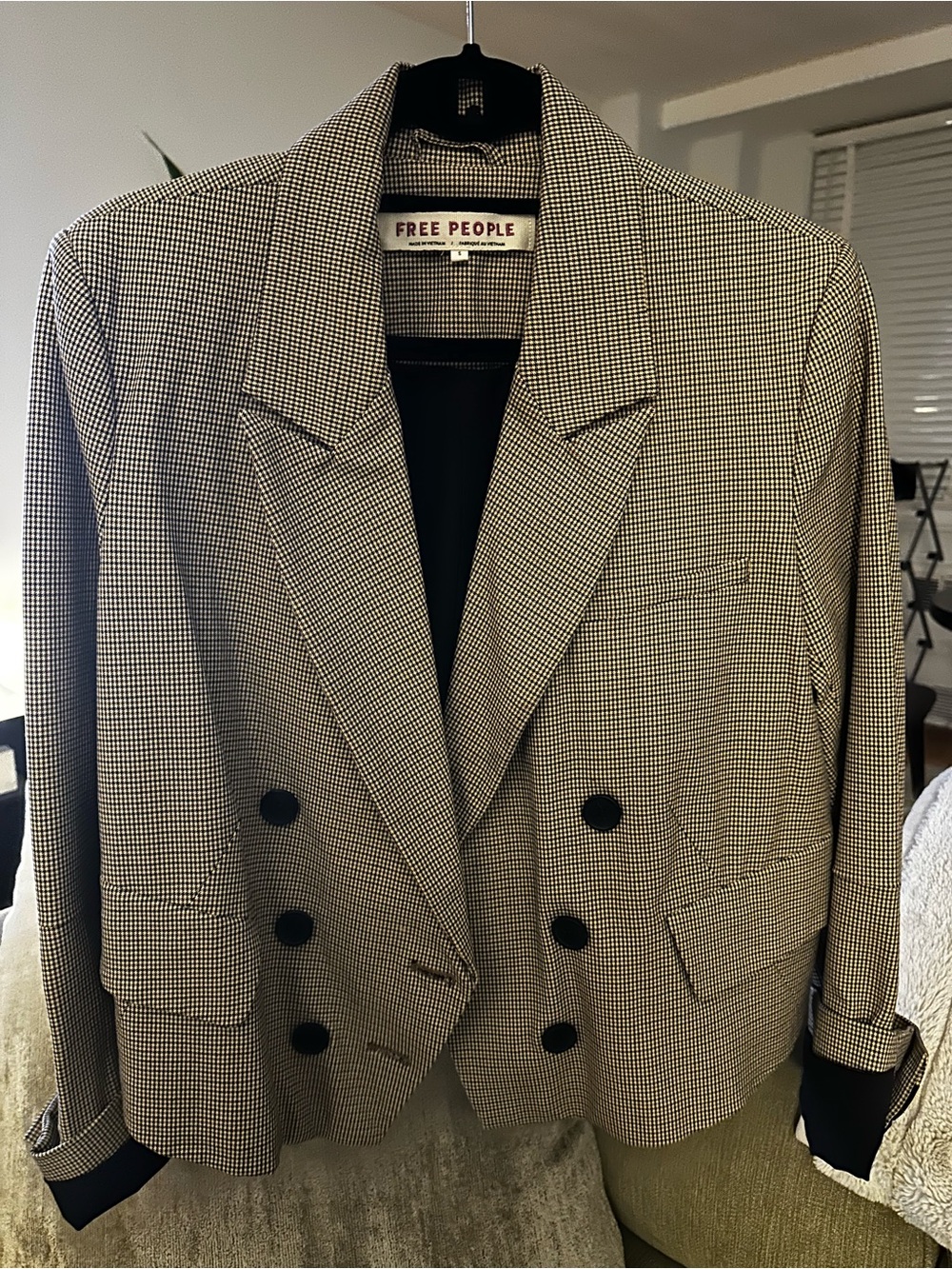 Free People Double-Breasted Houndstooth Blazer in Brown and Cream